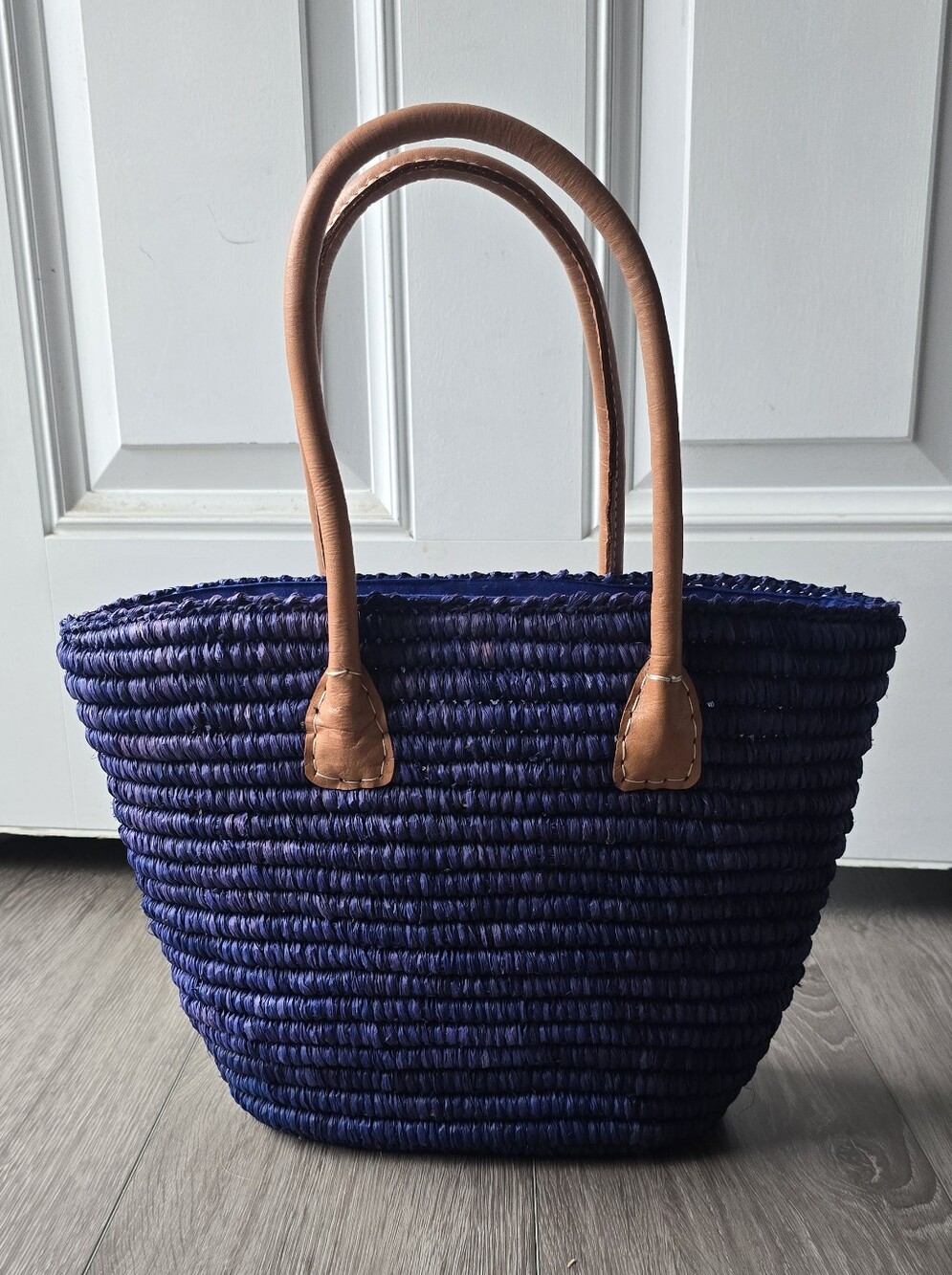 Shebobo Cobalt Blue Raffia Leather Handle Tote Bag Handmade Madagascar Beach
